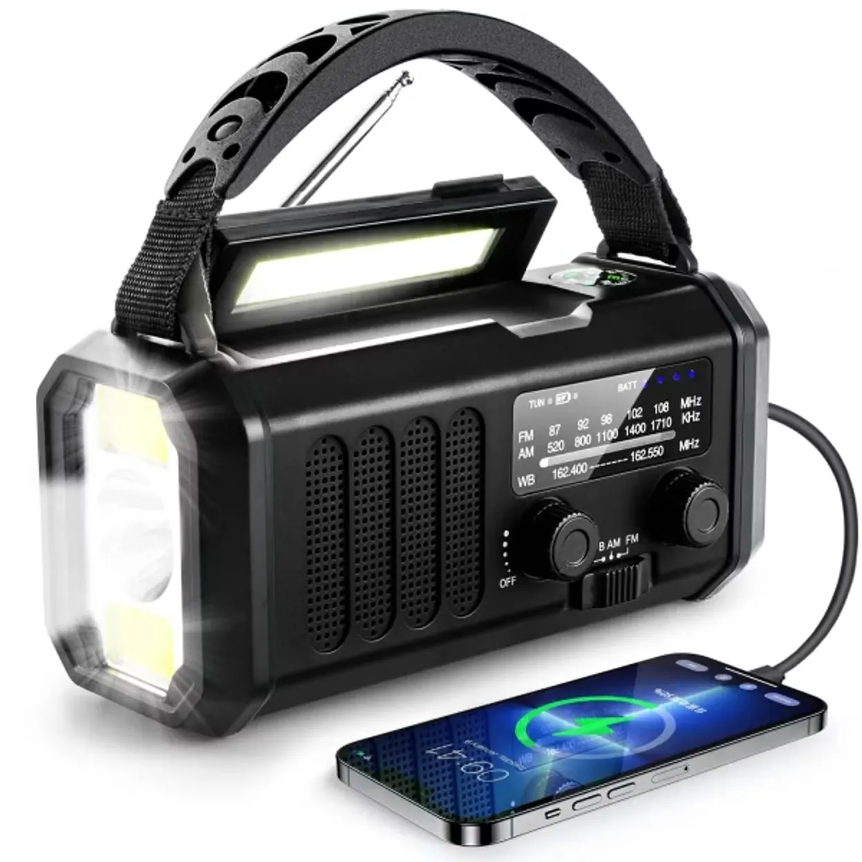 Premium h&auml;t&auml;radio 10000 mAh:lla, aurinkopaneelilla ja k&auml;siveivill&auml;, Kriisiturva